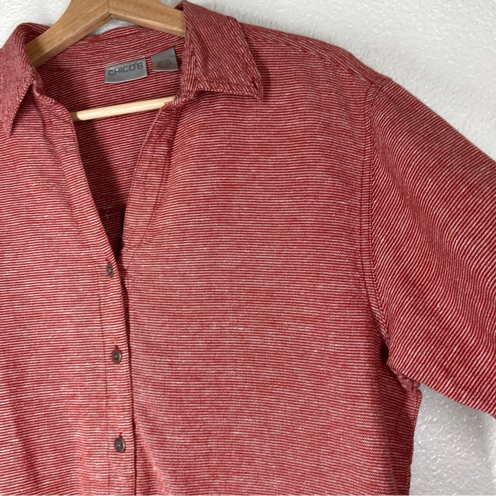 Chicos Women's Linen Shirt Red White Striped Button Down  3/4 Sleeve Size 1 - Picture 6 of 12